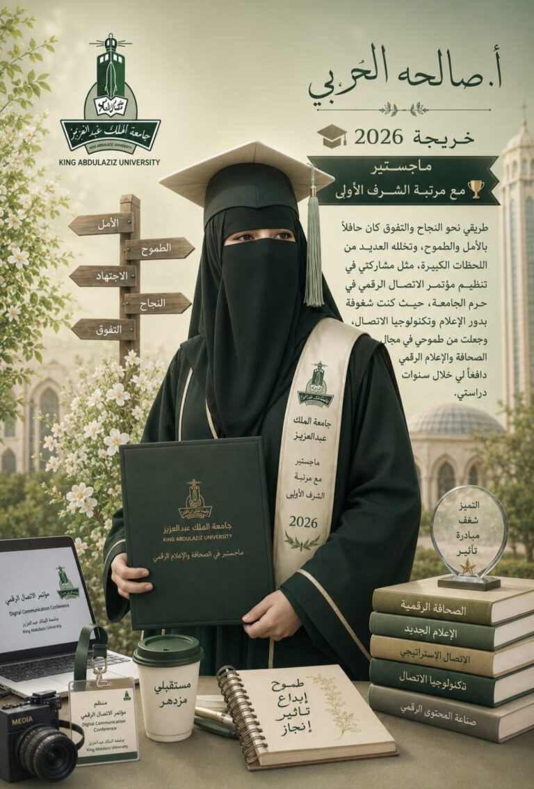 صالحة الحربي تحصل على درجة الماجستير مع مرتبة الشرف الأولى في تخصص الصحافة والإعلام الرقمي من جامعة الملك عبدالعزيز بجدة